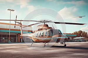 Private helicopter, private jet. Transport in the parking lot on the background of mountains. generative ai