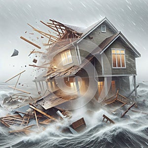 A private house being destroyed by a strong hurricane.
