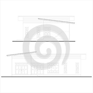 Private house facade sections, detailed architectural technical drawing, vector blueprint