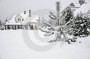 A private house and its garden under snow in winter