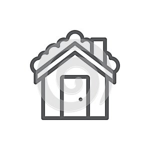 Private house with roof covered with snow editable icon - winter seasonal element of snowy village building in line art.