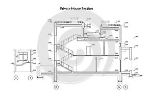 Private house section, detailed architectural technical drawing, vector blueprint