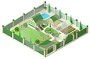 Private house yard with plot of land behind high fence. Isometric 3d illustration photo