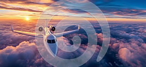 Private jet airplane flying above clouds in sunset