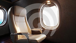 Private jet airplane interior with comfortable leather seat next to window