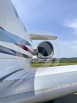 Private jet airplane, view of an engine