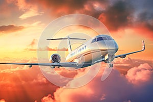 Private jet flies above dramatic clouds at sunset. Commercial airplane flying above clouds and colorful sunset. Generative AI