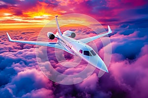 A private jet flying above the clouds at sunset