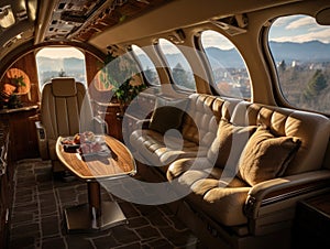 A private jet has an open interior with brown sofas, brown leather seats, and tables, overlooking the sky through a