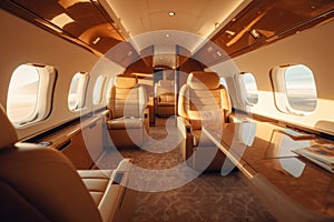 A private jet interior. Luxury tourism and business travel transportation concept. Generative Ai