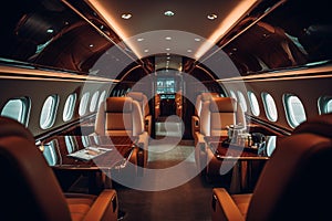 A private jet interior. Luxury tourism and business travel transportation concept. Generative Ai