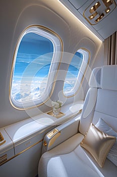 Private jet interior with plush white leather seating and a view of the serene sky