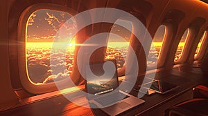 a private jet interior at sunset, with a sleek laptop resting on a table, offering a glimpse of the golden hues of the