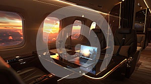 a private jet interior at sunset, with a sleek laptop resting on a table, offering a glimpse of the golden hues of the