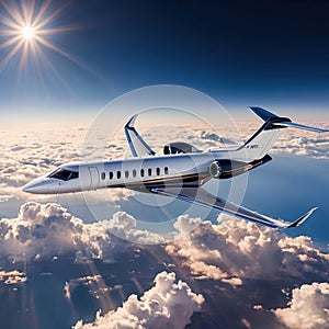 Private jet for luxury business flying high in the sky above the earth