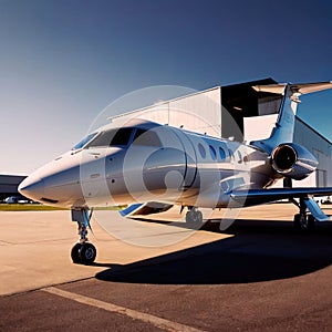 Private jet for luxury business travel parked on airport runway