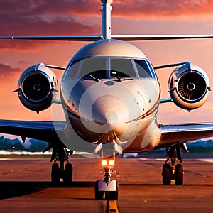 Private jet for luxury business travel parked on airport runway