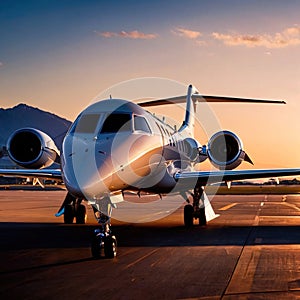Private jet for luxury business travel parked on airport runway