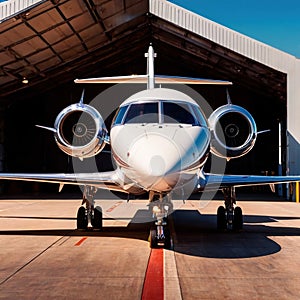 Private jet for luxury business travel parked on airport runway