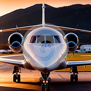 Private jet for luxury business travel parked on airport runway