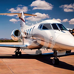 Private jet for luxury business travel parked on airport runway