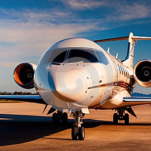 Private jet for luxury business travel parked on airport runway