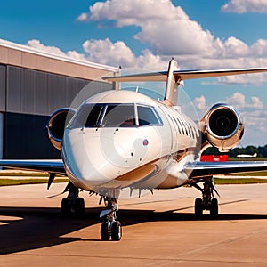 Private jet for luxury business travel parked on airport runway