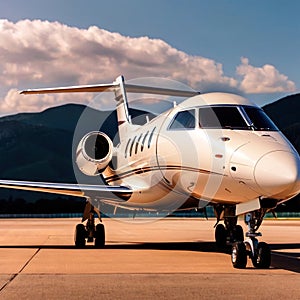 Private jet for luxury business travel parked on airport runway