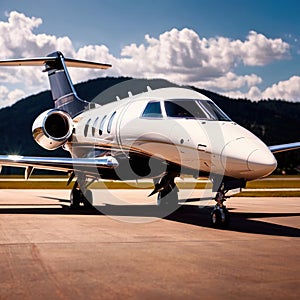 Private jet for luxury business travel parked on airport runway