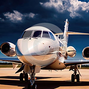 Private jet for luxury business travel parked on airport runway