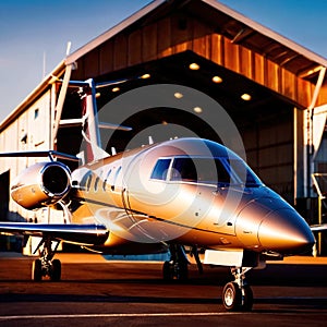 Private jet for luxury business travel parked on airport runway