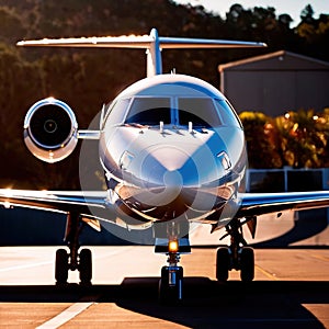 Private jet for luxury business travel parked on airport runway