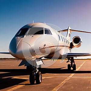 Private jet for luxury business travel parked on airport runway