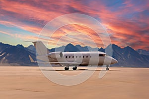 private jet park on ground in desert with mountains in background while sunset ready to start and fly rich VIP business