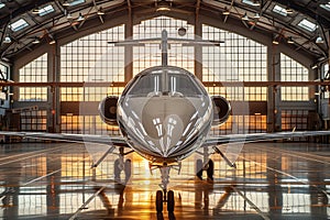 a private jet is parked in a hangar at sunset