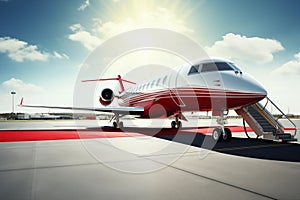 Private jet parked on a tarmac, with its sleek exterior gleaming under the sunlight. Generative AI