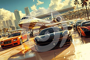 Private Jet Surrounded by Exotic Luxury Cars photo