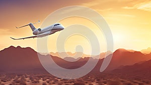 Private Jet Plane Flighing Over Golden Desert At Sunset