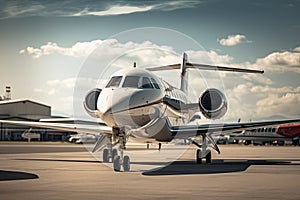 Private jet on the runway of the airport against the blue sky, Closeup of a business jet parked outside, AI Generated