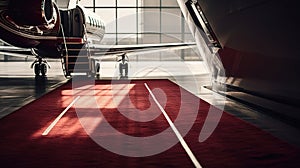 Private jet on runway with a red carpet rolled to the door, generated ai image