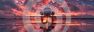 A private jet sits parked on a runway against a backdrop of a magenta sunset