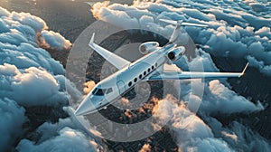 Private Jet Soaring Above Clouds at Sunset