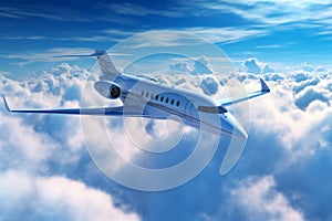 Private Jet Soaring Through a Blue Sky with Clouds, Generative AI