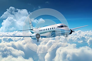 Private Jet Soaring Through a Blue Sky with Clouds, Generative AI