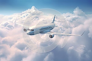 Private Jet Soaring Through a Blue Sky with Clouds, Generative AI