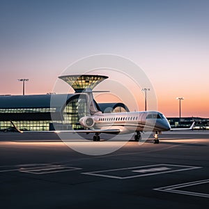 a private jet on the tarmac, with the airport terminal and control tower in the background.