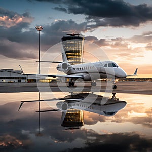 a private jet on the tarmac, with the airport terminal and control tower in the background.