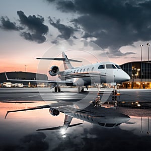 a private jet on the tarmac, with the airport terminal and control tower in the background.