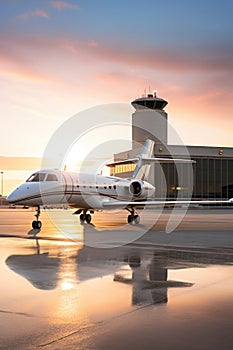 a private jet on the tarmac, with the airport terminal and control tower in the background.