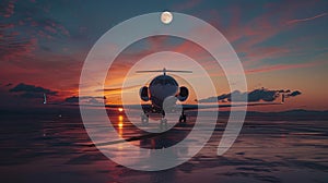 Private jet on tarmac at sunset with full moon in sky.